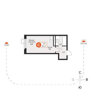 1-к квартира, строящийся дом, 24м2, 4/8 этаж