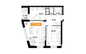 2-к квартира, вторичка, 61м2, 4/14 этаж