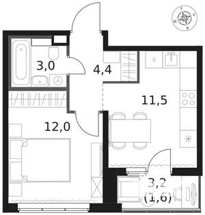 1-к квартира, вторичка, 33м2, 2/17 этаж