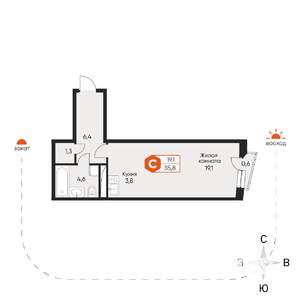 1-к квартира, строящийся дом, 35м2, 8/8 этаж