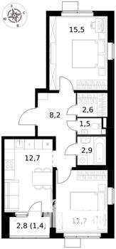 2-к квартира, вторичка, 57м2, 2/17 этаж