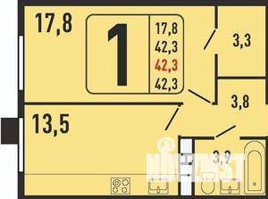 1-к квартира, вторичка, 42м2, 1/8 этаж