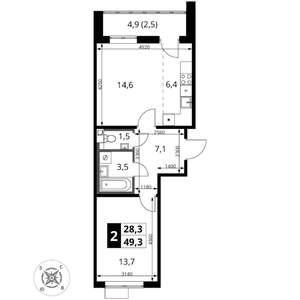 2-к квартира, вторичка, 49м2, 7/16 этаж