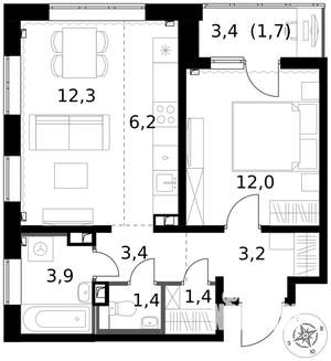 2-к квартира, вторичка, 46м2, 2/17 этаж