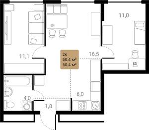 2-к квартира, вторичка, 50м2, 25/28 этаж