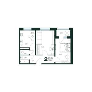 2-к квартира, строящийся дом, 51м2, 9/9 этаж