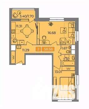 2-к квартира, вторичка, 59м2, 8/22 этаж