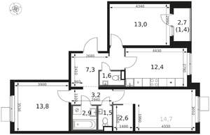 3-к квартира, вторичка, 74м2, 3/8 этаж