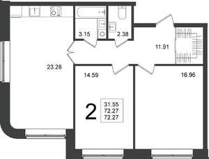2-к квартира, строящийся дом, 72м2, 1/5 этаж