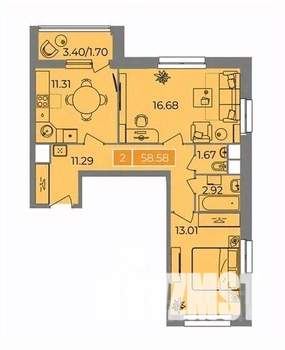 2-к квартира, вторичка, 59м2, 2/17 этаж