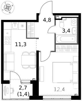 1-к квартира, вторичка, 33м2, 2/17 этаж