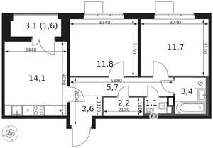 2-к квартира, вторичка, 54м2, 6/17 этаж