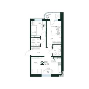 2-к квартира, строящийся дом, 57м2, 7/9 этаж