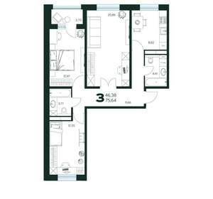 3-к квартира, вторичка, 75м2, 2/9 этаж