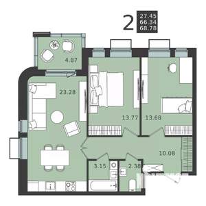 2-к квартира, строящийся дом, 69м2, 2/5 этаж