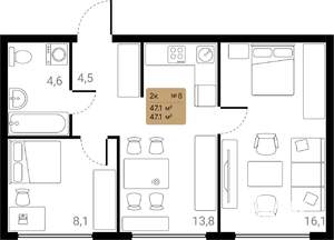 2-к квартира, вторичка, 47м2, 2/28 этаж
