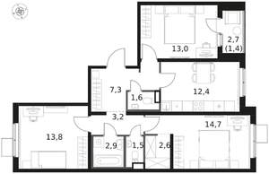 3-к квартира, вторичка, 74м2, 3/8 этаж