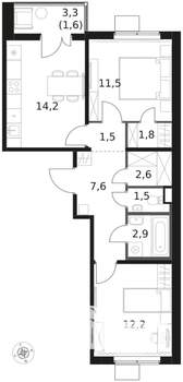 2-к квартира, вторичка, 57м2, 4/17 этаж