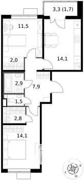 2-к квартира, вторичка, 59м2, 13/17 этаж