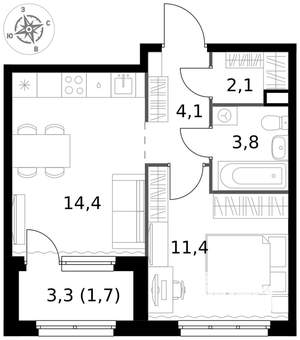 1-к квартира, вторичка, 38м2, 1/17 этаж