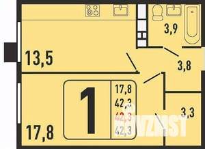 1-к квартира, строящийся дом, 42м2, 1/8 этаж