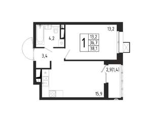 1-к квартира, вторичка, 38м2, 2/12 этаж