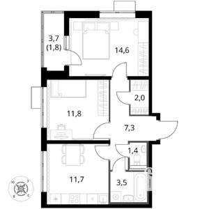 2-к квартира, вторичка, 54м2, 2/17 этаж