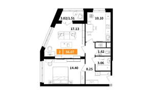 2-к квартира, строящийся дом, 56м2, 7/14 этаж