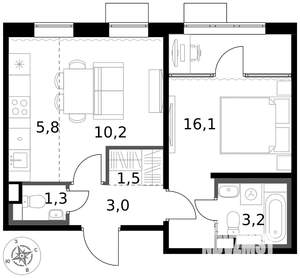2-к квартира, вторичка, 41м2, 6/17 этаж