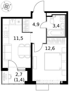 1-к квартира, вторичка, 34м2, 12/17 этаж