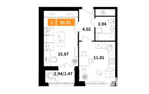 1-к квартира, строящийся дом, 37м2, 2/6 этаж
