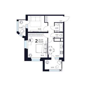 2-к квартира, строящийся дом, 51м2, 9/17 этаж