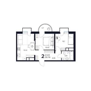 2-к квартира, строящийся дом, 51м2, 14/17 этаж