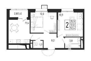 2-к квартира, вторичка, 52м2, 3/12 этаж