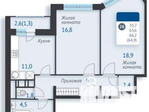 2-к квартира, вторичка, 68м2, 6/12 этаж