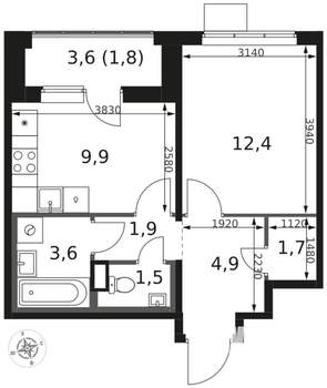 1-к квартира, вторичка, 38м2, 14/17 этаж