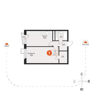 1-к квартира, строящийся дом, 43м2, 5/8 этаж