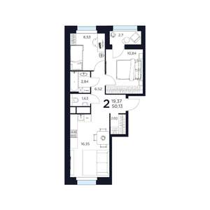 2-к квартира, строящийся дом, 50м2, 12/17 этаж