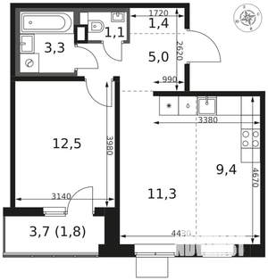 2-к квартира, вторичка, 46м2, 6/17 этаж