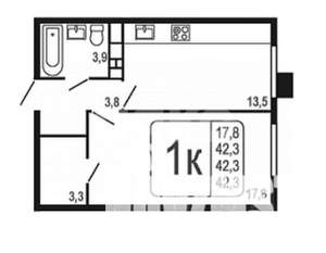 1-к квартира, вторичка, 42м2, 1/8 этаж