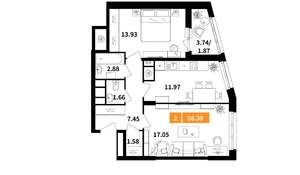 2-к квартира, вторичка, 58м2, 8/9 этаж