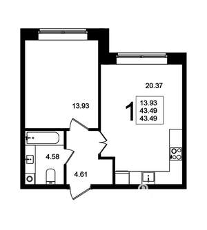 1-к квартира, строящийся дом, 43м2, 1/5 этаж