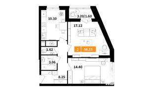 2-к квартира, строящийся дом, 56м2, 8/17 этаж