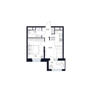 1-к квартира, строящийся дом, 37м2, 9/17 этаж