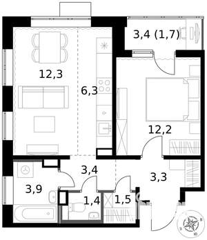 2-к квартира, вторичка, 46м2, 14/17 этаж