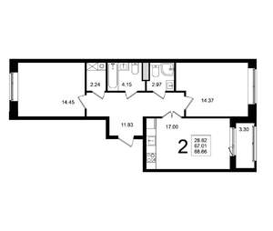 2-к квартира, строящийся дом, 69м2, 1/5 этаж