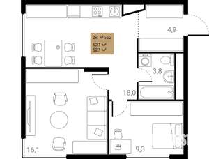 2-к квартира, вторичка, 52м2, 24/28 этаж