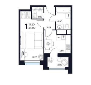 1-к квартира, вторичка, 35м2, 2/15 этаж