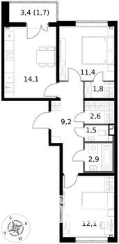 2-к квартира, вторичка, 57м2, 2/17 этаж