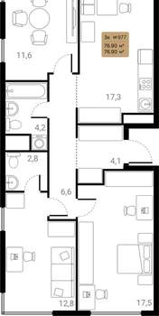 3-к квартира, вторичка, 77м2, 13/25 этаж